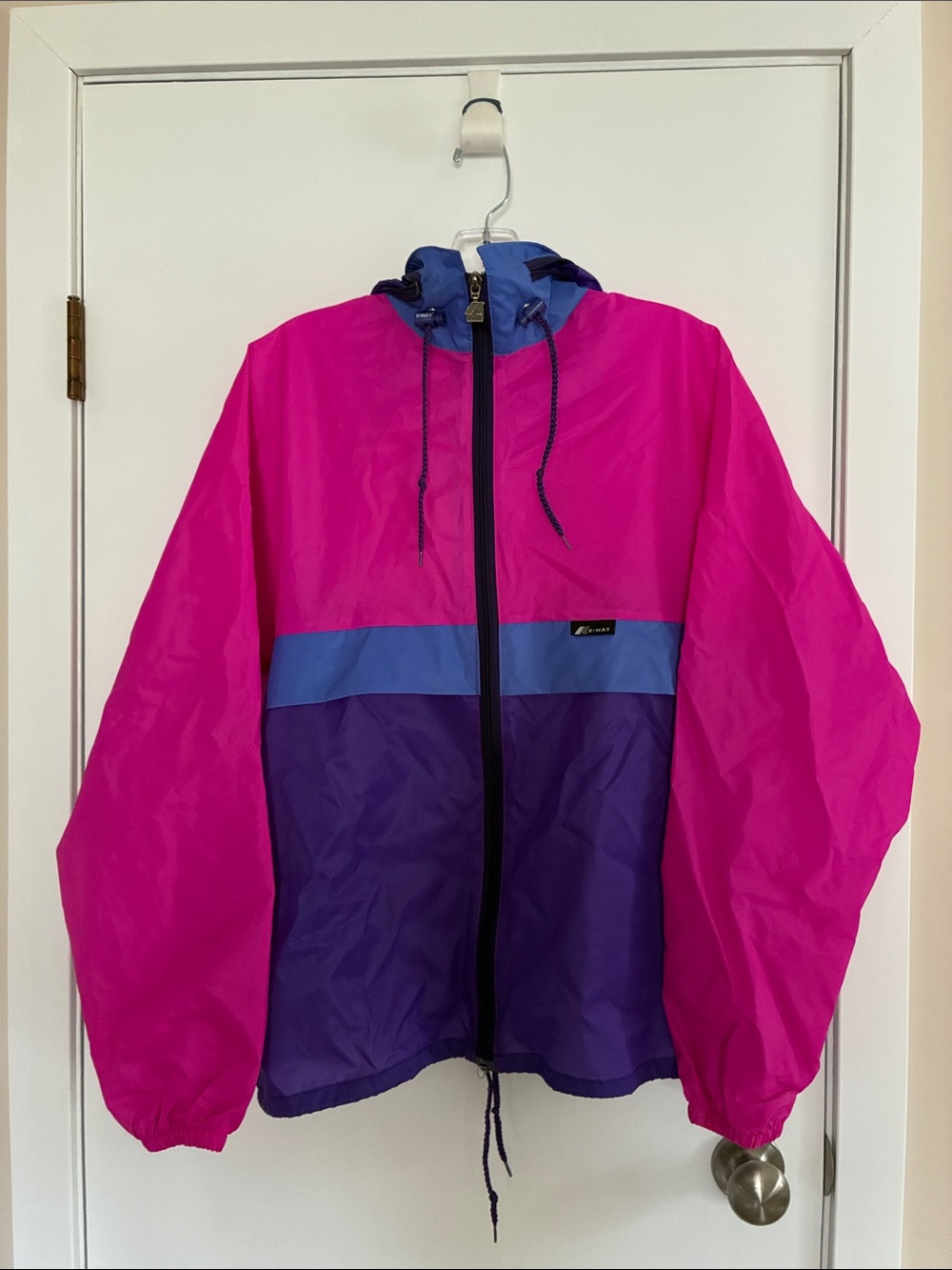 Packable K-Way Colorblock Rain Jacket in Hot Pink, Purple & Blue